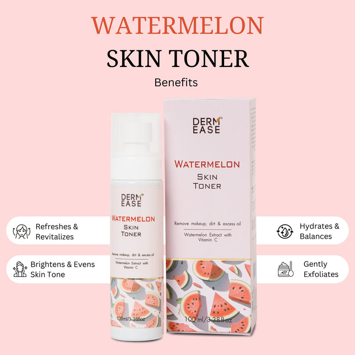 DermEase Watermelon Skin Toner packaging with benefits listed on a pink background